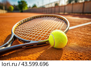 There is a yellow tennis ball and a tennis racket on the dirt court. A summer sport. Great tennis. Стоковое AI-изображение, AI-художник Photojuli / Фотобанк Лори