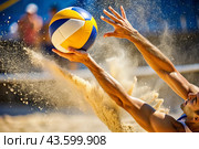 A poignant moment in the game. A volleyball falls on the sand. A volleyball player tries to hit the ball. Concepts of summer Olympic sports. Стоковое AI-изображение, AI-художник Photojuli / Фотобанк Лори
