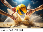 A poignant moment in the game. A volleyball falls on the sand. A volleyball player tries to hit the ball. Concepts of summer Olympic sports. Стоковое AI-изображение, AI-художник Photojuli / Фотобанк Лори