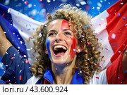 A beautiful athlete or cheerleader from France with joyful shouts after winning the competition at the Olympic Games against the background of the French flag. Стоковое AI-изображение, AI-художник Photojuli / Фотобанк Лори
