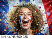 A beautiful athlete or cheerleader from France with joyful shouts after winning the competition at the Olympic Games against the background of the French flag. Стоковое AI-изображение, AI-художник Photojuli / Фотобанк Лори