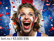A beautiful athlete or cheerleader from France with joyful shouts after winning the competition at the Olympic Games against the background of the French flag. Стоковое AI-изображение, AI-художник Photojuli / Фотобанк Лори
