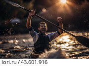 A kayaker celebrates his victory with an oar in his hands on a blurred background of the river. Kayaker at the Summer Olympics. Стоковое AI-изображение, AI-художник Photojuli / Фотобанк Лори