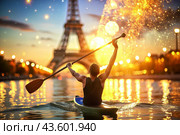 A kayaker celebrates his victory with an oar in his hands on a blurred background of the river. Kayaker at the Summer Olympics. Стоковое AI-изображение, AI-художник Photojuli / Фотобанк Лори