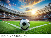 Soccer ball on the green field in soccer stadium. ready for game in the midfield. Стоковое AI-изображение, AI-художник Photojuli / Фотобанк Лори