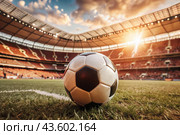 Soccer ball on the green field in soccer stadium. ready for game in the midfield. Стоковое AI-изображение, AI-художник Photojuli / Фотобанк Лори