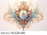 Elegant decorative element in Baroque style. The central object of the composition is an oval medallion with a bluish background and a gold decoration in the form of a star with a precious stone in the center. The medallion is surrounded by intricate scrollwork and ornamental elements done in soft pastel tones of blue and gold. The overall design style is reminiscent of classical decorative elements often found in Baroque architecture and art. Стоковое AI-изображение, AI-художник Анна Кривицкая / Фотобанк Лори