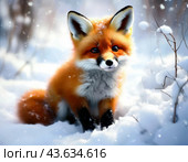 Fluffy fox cub in the snow. In the culture of almost all peoples of the world, the fox is presented as a cunning animal, and is one of the irreplaceable characters of the animal epic, occupying a prominent place in it. Стоковое AI-изображение, AI-художник Сергей Елизарьев / Фотобанк Лори