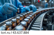 Worker wearing hygienic gloves inspecting medical vials. Стоковое AI-изображение, AI-художник Margarita Davchenko / Фотобанк Лори