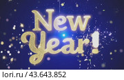 The words Happy New Year glow brightly in the dark against a blue background, creating a striking contrast. Стоковое AI-видео, аниматор Юрий Поздников / Фотобанк Лори