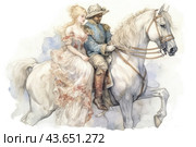 Couple in historical costumes sitting on a white horse. The man in a blue waistcoat and hat with a feather holds the reins, and the woman in a delicate dress with lace sits next to him. The horse is depicted with grace, creating an atmosphere of romance and sophistication. The composition is done in soft, pastel colors, which adds sophistication to the image. Стоковое AI-изображение, AI-художник Анна Кривицкая / Фотобанк Лори