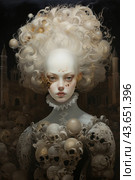 A young woman with pale skin and large eyes. Her hair is gathered into a complex hairstyle reminiscent of curls and clouds, with elements of gold decor. The woman's face expresses calm and coldness, which is emphasized by her pale skin color. The woman's clothes are decorated with numerous decorative skulls, which creates a contrast with her graceful image. The background of the painting is dark, adding a mystical and gothic atmosphere to the scene, and also emphasizing the gloomy nature of the composition. Стоковое AI-изображение, AI-художник Анна Кривицкая / Фотобанк Лори