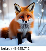 Fluffy fox cub in the snow. In the culture of almost all peoples of the world, the fox is presented as a cunning animal, and is one of the irreplaceable characters of the animal epic, occupying a prominent place in it. Стоковое AI-изображение, AI-художник Сергей Елизарьев / Фотобанк Лори