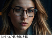 Shortsightedness.A girl in modern glasses. Correction of vision with glasses. Стоковое AI-изображение, AI-художник Александр Поташев / Фотобанк Лори