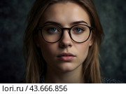 Shortsightedness.A girl in modern glasses. Correction of vision with glasses. Стоковое AI-изображение, AI-художник Александр Поташев / Фотобанк Лори