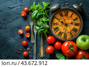 Still life with healthy eating elements and household items. Fresh red cherry tomatoes, green basil and mint leaves, and colorful peppers are on a dark background. Vintage cutlery: a fork and a knife, lie next to the greenery. Particular attention is drawn to the antique table alarm clock with a retro-style dial. A green apple is located at the bottom of the composition. Стоковое AI-изображение, AI-художник Анна Кривицкая / Фотобанк Лори