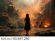 A girl in a black dress, standing with her back to the viewer, watching a dramatic scene where fire is blazing and musical instruments such as cellos are destroyed. The setting is reminiscent of a post-apocalyptic world or a dream scene with surreal elements. The water around the girl and the bright flames create a strong contrast, heightening the emotional tension of the scene. The background depicts a landscape with melting shapes and fiery flashes, adding to the sense of chaos and destruction. Стоковое AI-изображение, AI-художник Анна Кривицкая / Фотобанк Лори