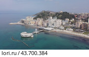 Aerial photo of Adriatic sea shore in Durres, Albania. Ventus Harbor visible from above. Стоковое видео, видеограф Яков Филимонов / Фотобанк Лори