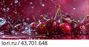 Red cherries in water with splashes and drops on a red background. Copy space. Стоковое AI-изображение, AI-художник Ярославский Максим / Фотобанк Лори