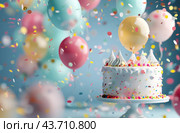 Birthday Cake With Confetti And Balloons. Стоковое AI-изображение, AI-художник Юлия Гапеенко / Фотобанк Лори