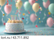 Birthday Cake With Confetti And Balloons. Стоковое AI-изображение, AI-художник Юлия Гапеенко / Фотобанк Лори