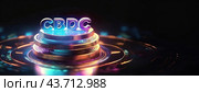 A futuristic stack of coins labeled CBDC, symbolizing central bank digital currencies, illuminated by colorful neon lights in a dark setting. Стоковое AI-изображение, AI-художник Igor Tichonow / Фотобанк Лори