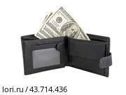 Раскрытый кошелек с американскими долларами на белом фоне. Wallet with dollars isolated on white background. Стоковое фото, фотограф Татьяна Д / Фотобанк Лори