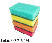 Разноцветные кухонные губки для очистки на белом фоне. Kitchen sponges. Стоковое фото, фотограф Татьяна Д / Фотобанк Лори