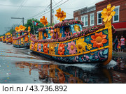 Colorful Flower-Adorned Boats Parading Down the Street During Vibrant Festival Celebration. Стоковое AI-изображение, AI-художник Сергей Толмачёв / Фотобанк Лори