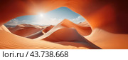 Surreal desert landscape with sand dunes forming an arch, sunlight streaming through creating dramatic shadows. Стоковое AI-изображение, AI-художник Igor Tichonow / Фотобанк Лори