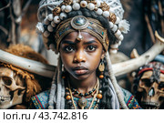 A beautiful black African girl in a traditional African national costume. Against the background of bones. The portrait symbolizes the traditions, culture and beauty of the African people. Стоковое AI-изображение, AI-художник Photojuli / Фотобанк Лори