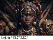 A beautiful black African girl in a traditional African national costume. Against the background of bones. The portrait symbolizes the traditions, culture and beauty of the African people. Стоковое AI-изображение, AI-художник Photojuli / Фотобанк Лори