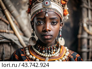 A beautiful black African girl in a traditional African national costume. Against the background of bones. The portrait symbolizes the traditions, culture and beauty of the African people. Стоковое AI-изображение, AI-художник Photojuli / Фотобанк Лори