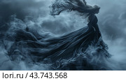 Mysterious Figure in Dark Attire Surrounded by Wisps of Fog in an Ethereal Landscape. Стоковое AI-изображение, AI-художник Сергей Толмачёв / Фотобанк Лори