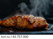 Hot smoked salmon fillet on a black board. Hot lox piece with steamed smoke. Dark background. Salmon steak served lemon, herbs cooking grill barbecue. Grilled red fish dish. Frying trout. Menu, recipe. Стоковое AI-изображение, AI-художник Марина Демидюк / Фотобанк Лори
