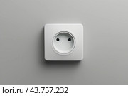 White plastic power outlet. Power socket. Brand new electrical socket isolated on a gray wall with black single plug switched on. Renovated studio apartment power supply background. Empty copy space. Стоковое AI-изображение, AI-художник Марина Демидюк / Фотобанк Лори