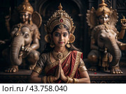A beautiful Indian girl in a traditional Indian national costume, sari. Against the background of elephants. The portrait symbolizes the traditions, culture and beauty of the people of India. Стоковое AI-изображение, AI-художник Photojuli / Фотобанк Лори