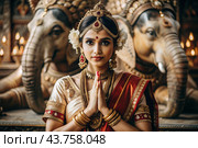 A beautiful Indian girl in a traditional Indian national costume, sari. Against the background of elephants. The portrait symbolizes the traditions, culture and beauty of the people of India. Стоковое AI-изображение, AI-художник Photojuli / Фотобанк Лори