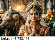 A beautiful Indian girl in a traditional Indian national costume, sari. Against the background of elephants. The portrait symbolizes the traditions, culture and beauty of the people of India. Стоковое AI-изображение, AI-художник Photojuli / Фотобанк Лори