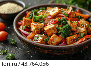 Colorful Vegetable and Tofu Stir Fry With Fresh Ingredients in a Rustic Bowl at Dinnertime. Стоковое AI-изображение, AI-художник Сергей Толмачёв / Фотобанк Лори