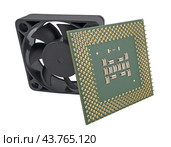 Современный микропроцессор и вентилятор на белом фоне. Modern CPU and fan on white background. Стоковое фото, фотограф Татьяна Д / Фотобанк Лори