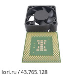 Современный микропроцессор и вентилятор на белом фоне. Modern CPU and fan on white background. Стоковое фото, фотограф Татьяна Д / Фотобанк Лори