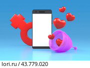 Большой телефон с силиконовой менструальной чашкой на светло-голубом фоне. Управление менструальным циклом с помощью приложения на вашем телефоне. Отслеживание овуляции для зачатия. 3d-рендеринг. Стоковая иллюстрация, иллюстратор Юлия Мелешина / Фотобанк Лори