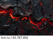 Cooling lava with glowing cracks on a black, rocky surface. Fiery lines running through the dark crust. Concept of volcanic activity and heat. Стоковое AI-изображение, AI-художник Александра Рублева / Фотобанк Лори