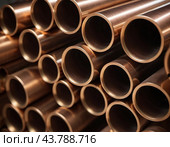 Copper bronze heat exchanger pipes. Heavy non-ferrous metallurgy. Factory industrial production of metal cuprum pipes. Heat exchanger is a technical device in which heat is exchanged between two media. Стоковое AI-изображение, AI-художник Юлия Петровская / Фотобанк Лори