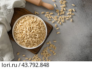 Pasta Cavatelli in white plate on gray. Стоковое фото, фотограф Светлана Лажко / Фотобанк Лори