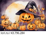 Autumn poster made of pumpkins, hats and Halloween attributes with copy space. Стоковое AI-изображение, AI-художник Мария Мороз / Фотобанк Лори