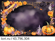 Autumn poster made of pumpkins, hats and Halloween attributes with copy space. Стоковое AI-изображение, AI-художник Мария Мороз / Фотобанк Лори