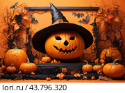 Autumn poster made of pumpkins, hats and Halloween attributes with copy space. Стоковое AI-изображение, AI-художник Мария Мороз / Фотобанк Лори