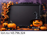 Autumn poster made of pumpkins, hats and Halloween attributes with copy space. Стоковое AI-изображение, AI-художник Мария Мороз / Фотобанк Лори